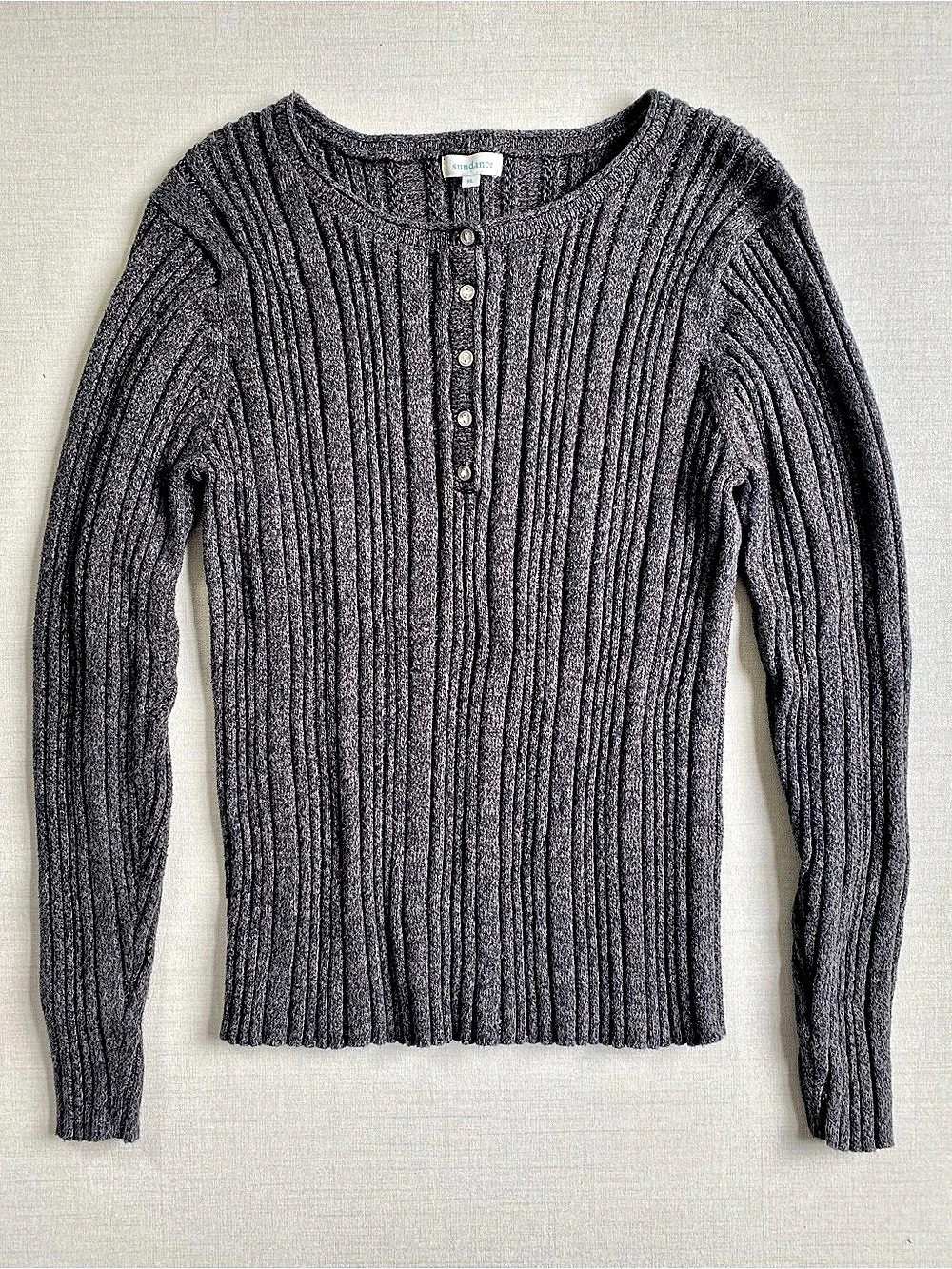 Sundance Gray Ribbed Knit Top Sweater XL Button Front Henley Silk Blend Cotton